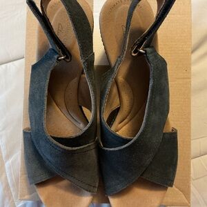 Clarks Navy Suede Wedge Sandals
